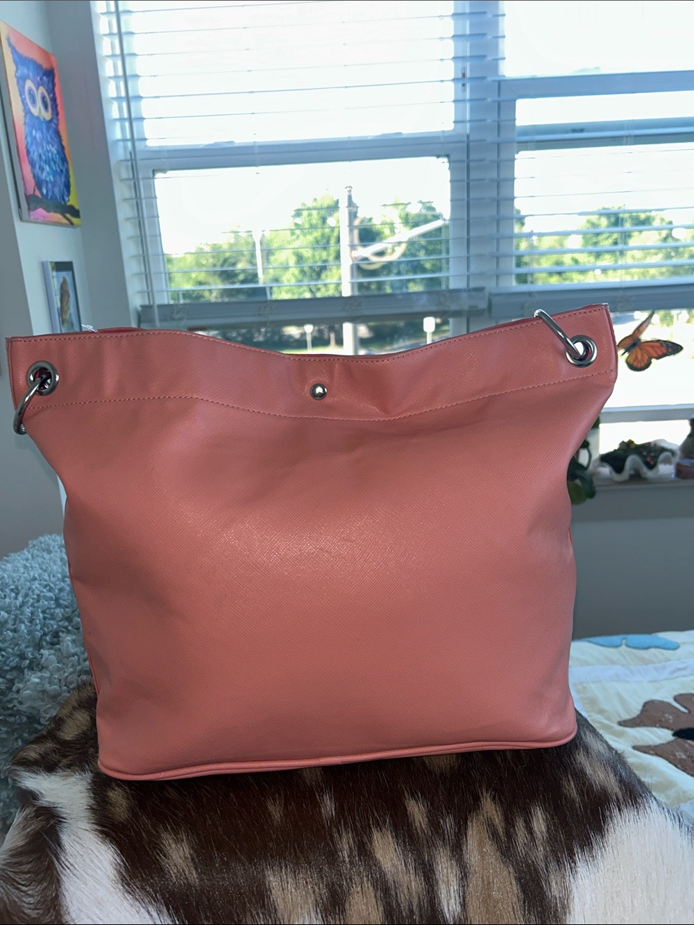 Sharif Silver Studded Coral Tote Bag with Dual Chain Straps 17”x 6.5”x 12.5” NWT - Picture 4 of 14